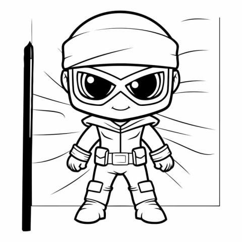 Black And White Cartoon Illustration of Cute Superhero Comic Cha