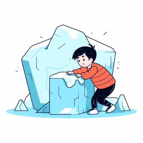 Vector illustration of boy playing with ice cubes. Ice cube in c