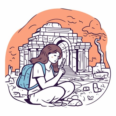 Girl with backpack sitting in front of ancient ruins. Vector car