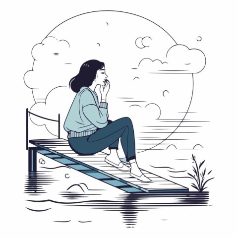 Sad woman sitting on a pier in the lake.