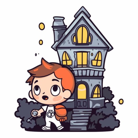 Little boy in front of a haunted house. Vector cartoon illustrat