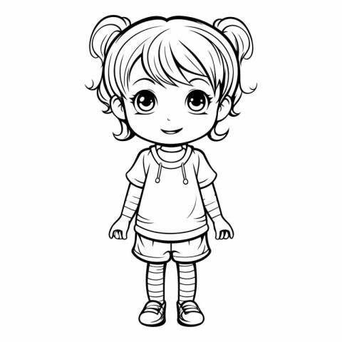 Cute little girl cartoon in black and white vector illustration