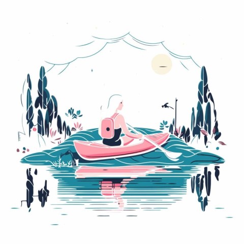 Girl in a kayak on the lake in flat style.