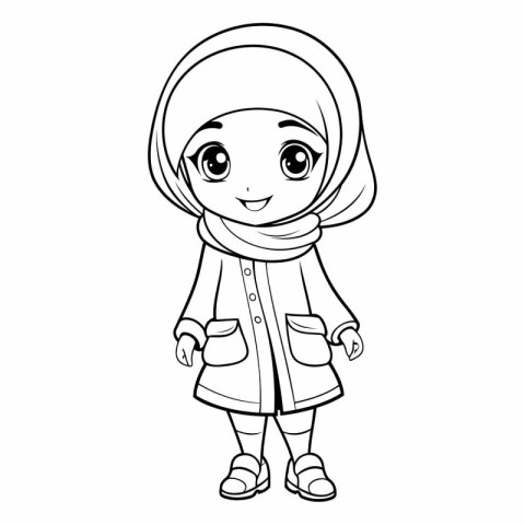 Cute cartoon muslim girl in a coat.