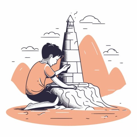 Vector illustration of a boy sitting on the beach and looking at