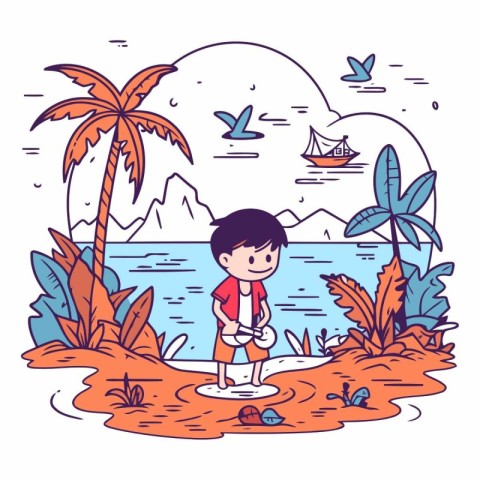 Boy on the beach in a flat cartoon style.