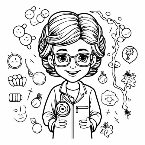 Hand drawn vector illustration of a girl in glasses. holding a s