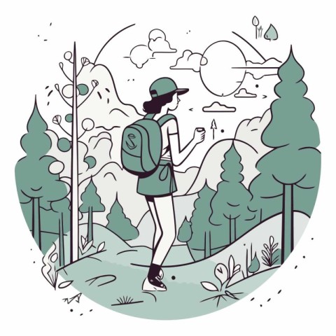 Hiking in the mountains of a woman with a backpack walking in th