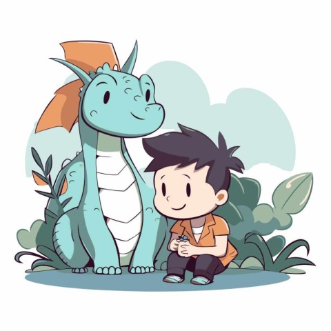 Cute boy with dinosaur in the park cartoon vector illustration g