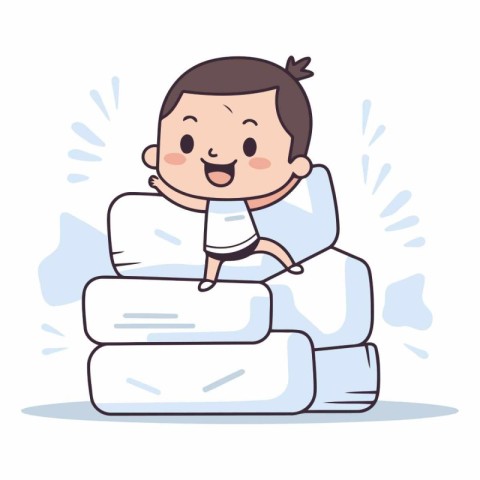 Cute little baby boy sitting on pile of pillows.