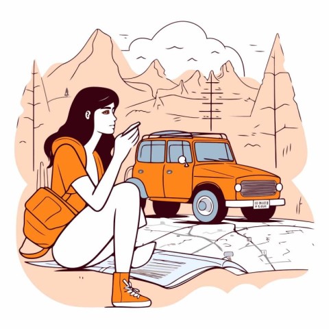 Young woman sitting on the ground and looking at a map