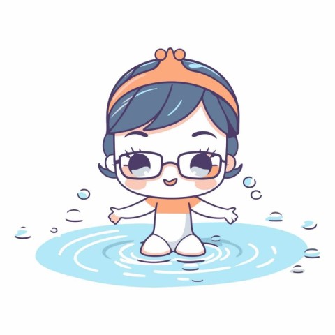 cute little girl with glasses in water cartoon vector illustrati