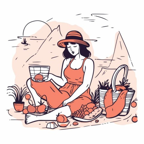 Vector illustration of a girl in a hat sitting on the beach with