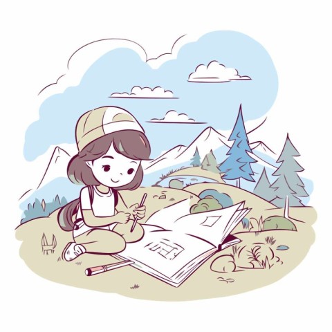 Cute girl with a backpack and a map in the mountains.