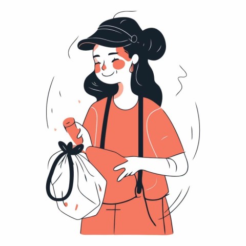 Vector illustration of a woman with a bag of groceries in her ha