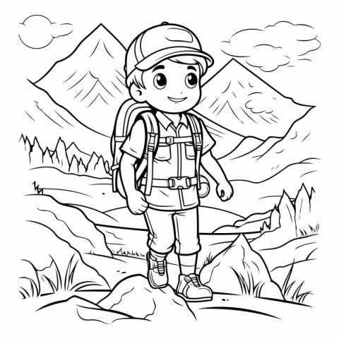 Hiking boy - black and white vector illustration for coloring bo