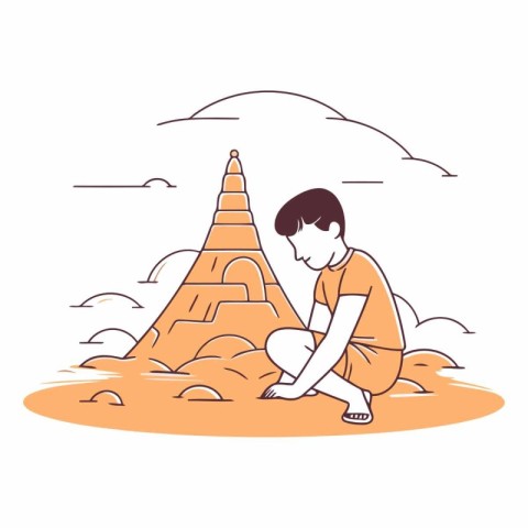 Vector illustration of a boy sitting on the sand and looking at