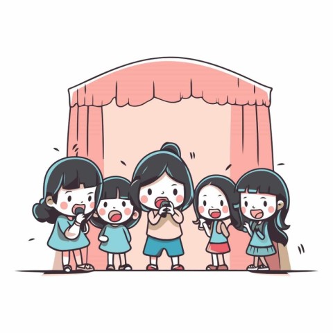 Illustration of Stickman Kids Standing in Front of a Curtain