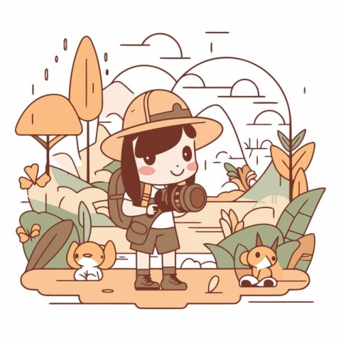 Vector illustration of a girl in a safari hat with a camera