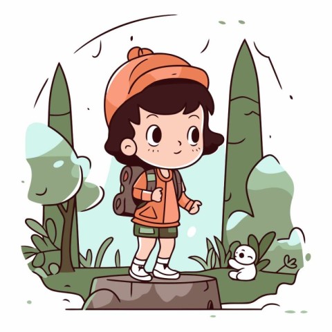 Cute little boy hiking in the forest in cartoon style.