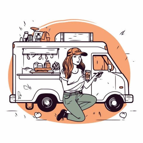 Food truck of a woman sitting on the ground and drinking coffee.