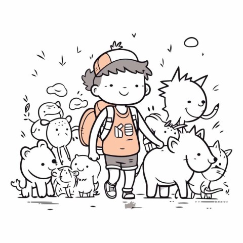 Illustration of a boy with a backpack and a group of wild animal