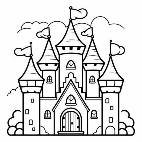 Black and white vector illustration of a fairy tale castle. Colo