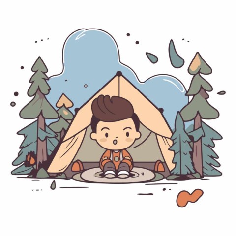 Cute little boy camping in the forest. Vector cartoon illustrati