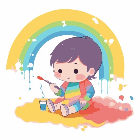 cute little boy painting with paintbrush and colorful rainbow ve