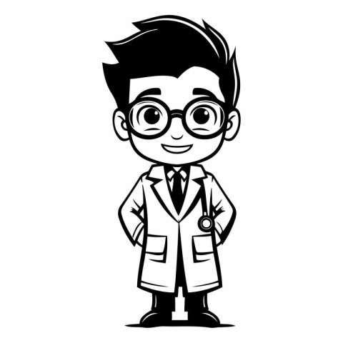 cute boy with glasses and medical coat cartoon vector illustrati