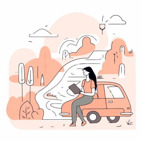 Vector illustration of a woman sitting on a car and reading a bo