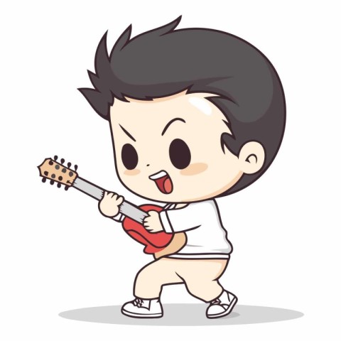 Boy playing the guitar. Cute cartoon character.