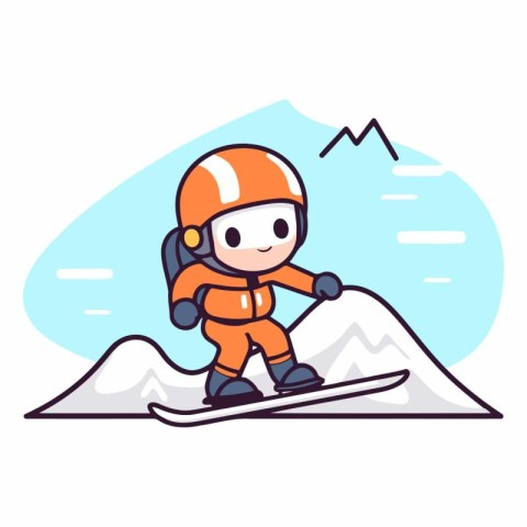 Cartoon skier boy in helmet skiing down the hill.