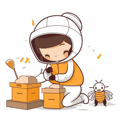 Little boy playing beekeeper. Cute cartoon character.