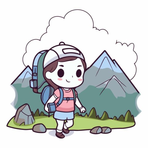 Cute boy with backpack hiking in the mountains.