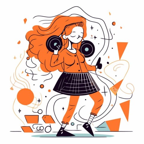 Vector illustration of a young girl with headphones and dumbbell