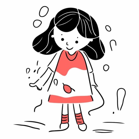 Cute little girl playing with soap bubbles. Hand drawn vector il