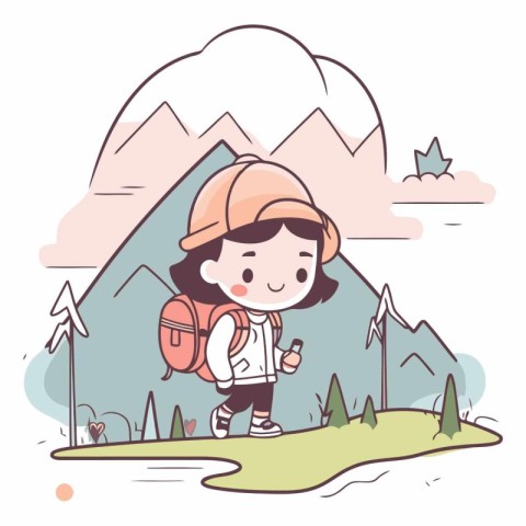 Cute little girl with backpack hiking in mountains.