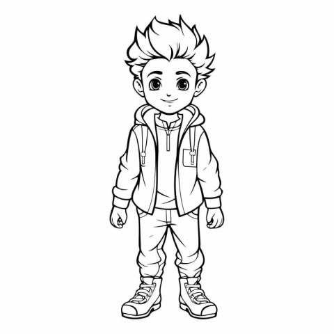 Cute cartoon boy in winter clothes for coloring book.