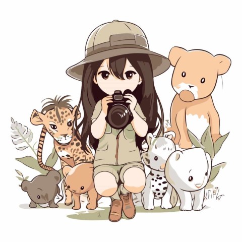 Illustration of a cute girl with a camera and wild animals.