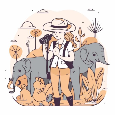 Vector illustration of a woman tourist with a camera and a wild