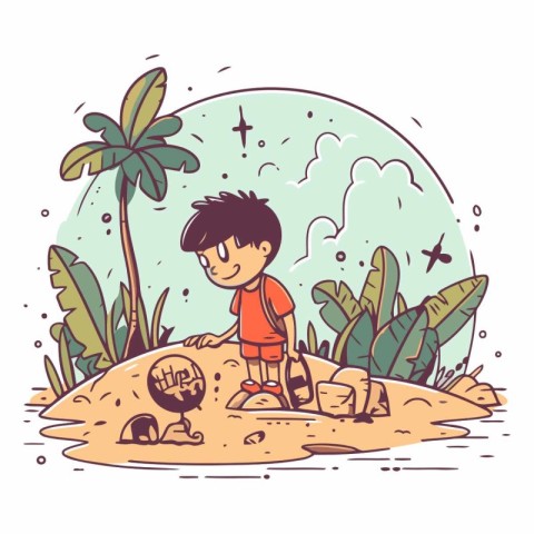 Boy playing in the sand on the beach. Vector hand drawn illustra