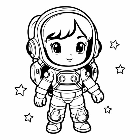 Cute astronaut girl in space suit for coloring book.