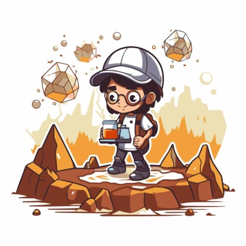 Cute little explorer boy standing on the rocks and holding a map