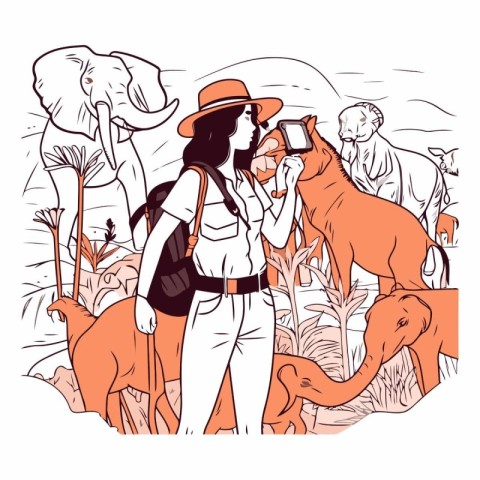 Vector illustration of a girl taking a photo of an elephant in A