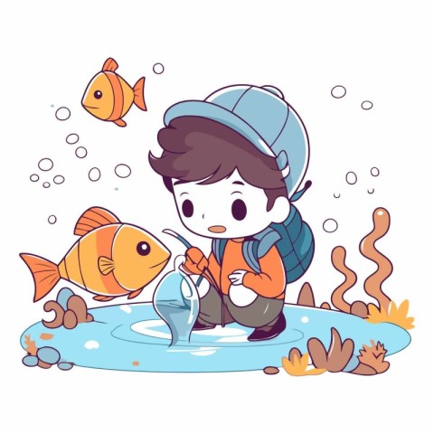 Illustration of a Kid Boy Fishing Underwater with a Fish.