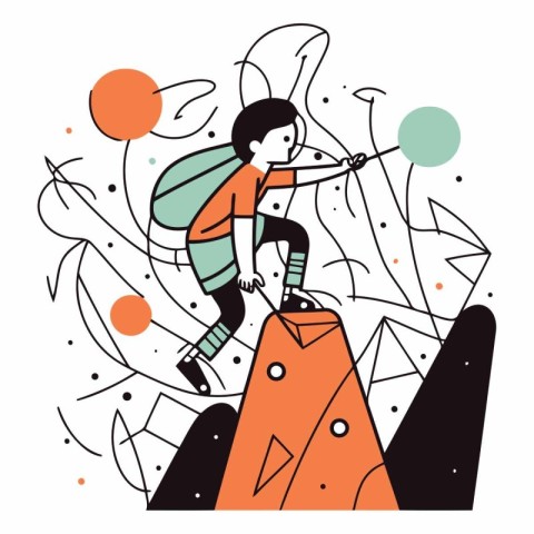 Vector illustration of a boy climbing up the mountain. Doodle st