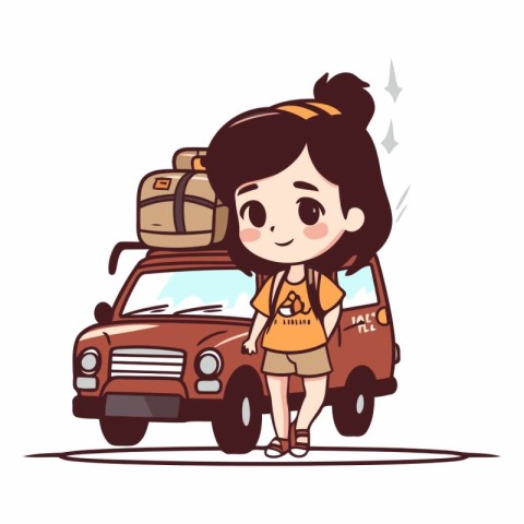 Cute little girl traveling by car in cartoon style