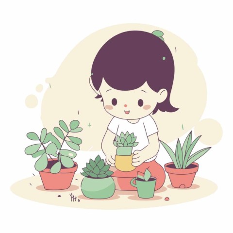 Cute little girl planting succulents in pots.