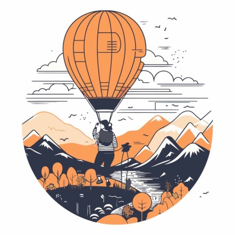 Hot air balloon flying over the mountains. Hand drawn sketch vec